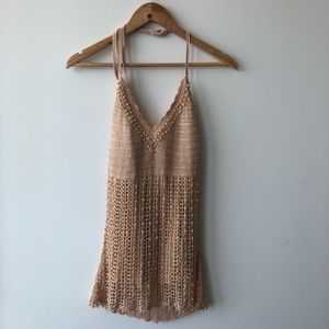 Le Chateau Halter Neck Knitted Beaded Beige Top